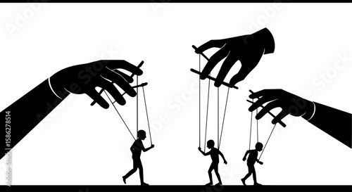 puppet show with human silhouettes manipulated by large hands, string control, monochrome vector graphic