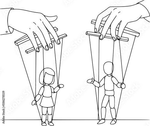 puppet show with human silhouettes manipulated by large hands, string control, monochrome vector graphic