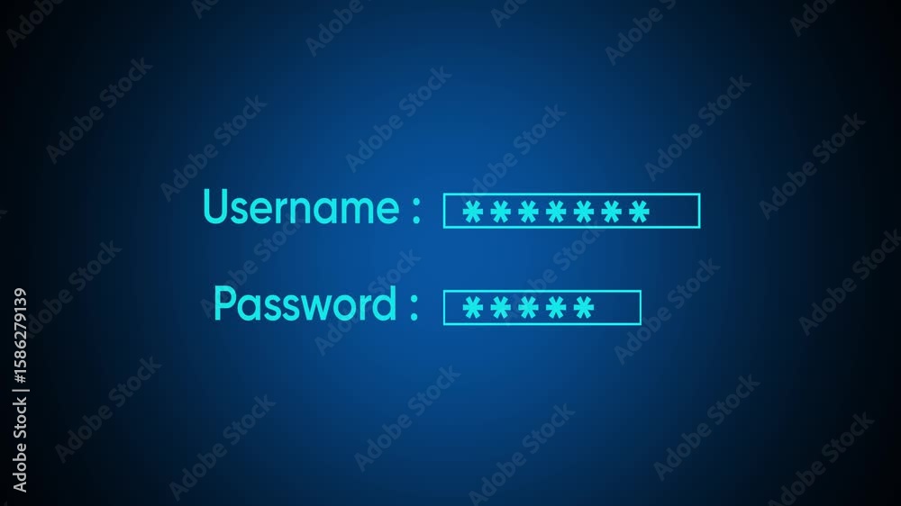 Animated of User-name and password fields. Glowing user-name and password fields concept with blue background.