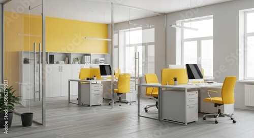 Bright office space showcases modern desks, yellow chairs, and sleek computers, creating a vibrant and productive work environment with natural light and a contemporary design.