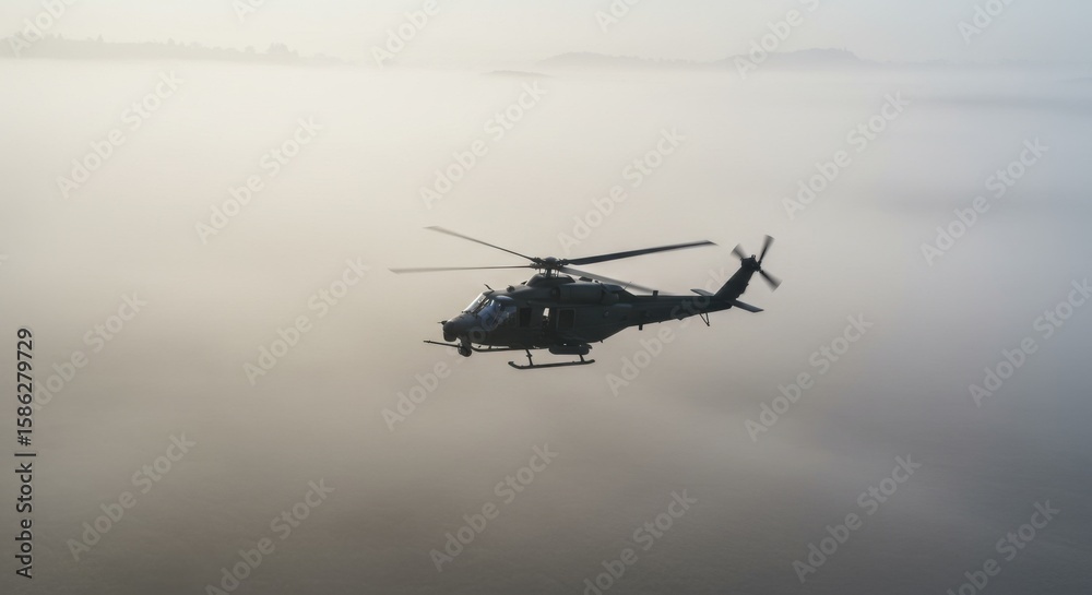 Fototapeta premium Military helicopter flying above dense fog at sunrise. Aerial view of a rescue aircraft in the air over mountain landscape.