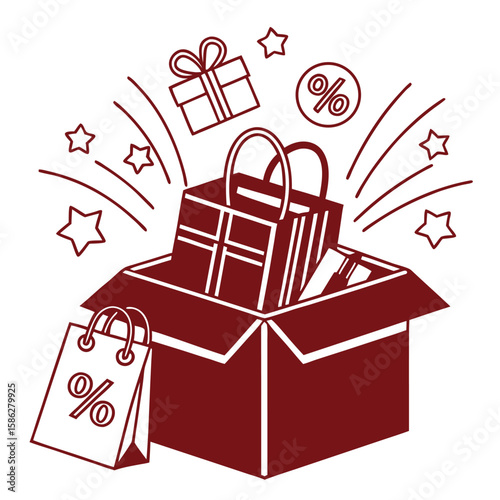 Shopping Box Overflowing with Gifts and Sale Symbols