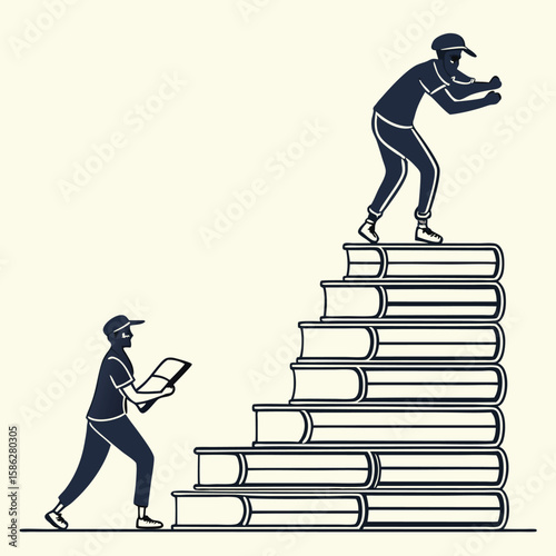 Vector illustration of a businessman silhouette running up steps toward success