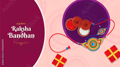 Illustration of a traditional Raksha Bandhan thali with roli, chawal, colorful rakhis, and wrapped gift boxes on a decorative background. Perfect for Indian festive designs, invitation cards