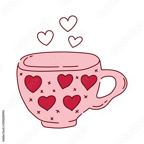 Tea or coffee Adorable pink cup with red hearts. The design embodies a Y2K, Valentine’s Day and coquette aesthetic. Trendy idea for stickers, cards, invitations, diaries and scrapbooks.