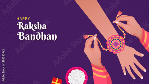 Flat vector illustration of a sister tying a rakhi on her brother’s wrist with pooja thali, rice bowl, and gift boxes on a purple festive background. Ideal for Raksha Bandhan greeting cards, posters
