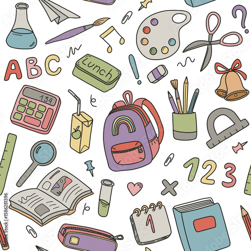 Cartoon back to school supplies seamless pattern, hand draw school tools, grid background 