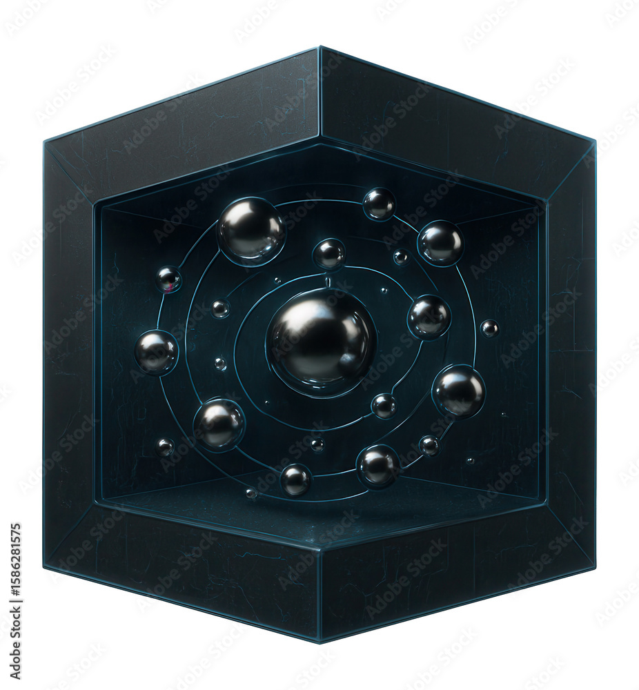 Fototapeta premium Hollow cube with floating, metallic spheres following a rhythmic orbit inside.
