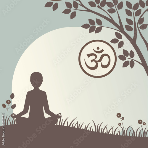 Silhouette of Person Meditating with Om Symbol and Tree