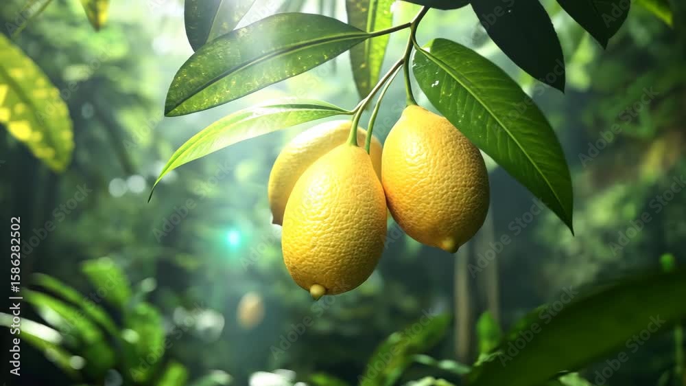 Ripe lemons hang from branches surrounded by vibrant greenery, reflecting sunlight and adding color to the natural habitat