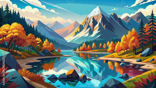 Jiuzhaigou Valley, Sichuan, China – Crystal-clear lakes reflect vibrant autumn forests. Snow-dusted mountains in the distance enhance this colorful, dreamlike valley for a dramatic semi-realistic vect