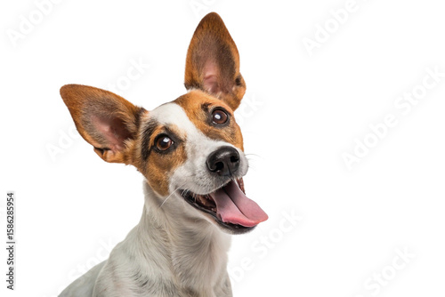 Jack Russell Terrier dog with big ears and open mouth tilting head playfully in studio on white background, full of energy and happiness