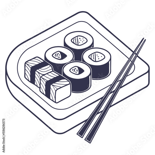 Sushi platter illustration with nigiri and maki rolls and chopsticks