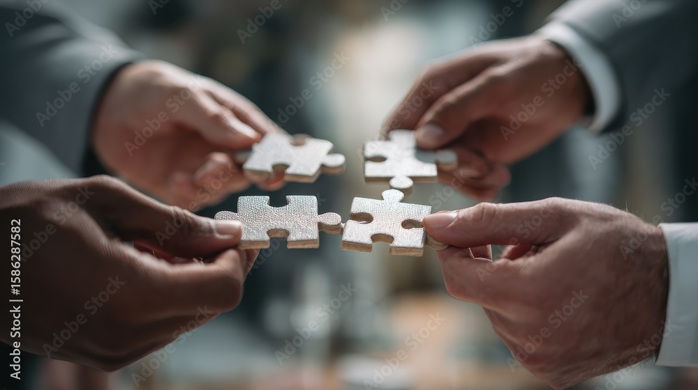 Naklejka premium Business people hands joining puzzle pieces in the office
