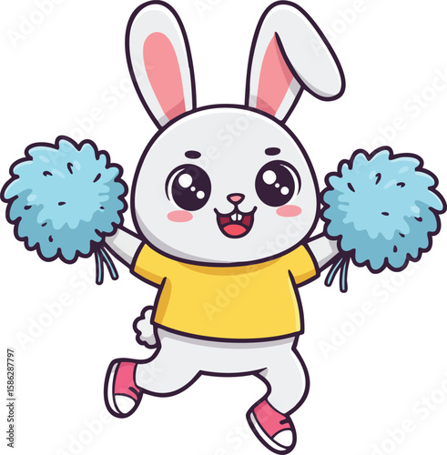 Cheerful bunny rabbit mascot holding blue pom poms in yellow shirt and pink shoes cute cartoon vector illustration 