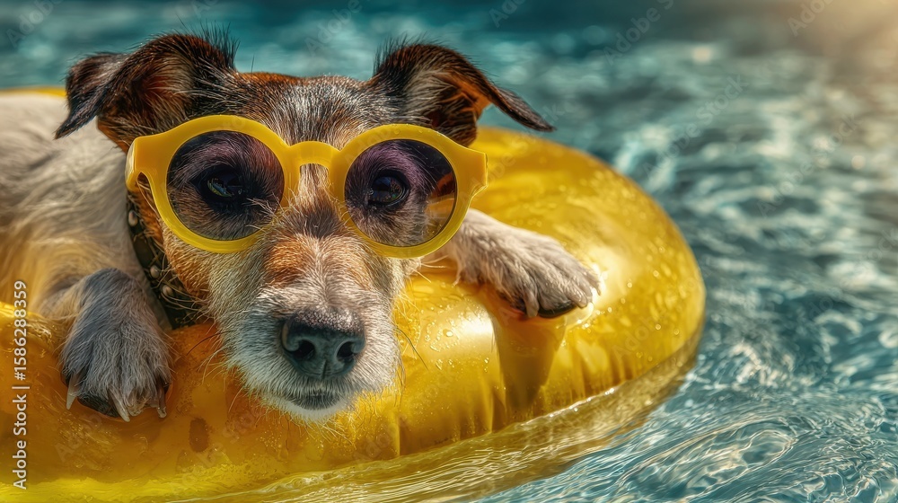 Fototapeta premium Happy dog wearing yellow sunglasses relaxing in a yellow floating ring on the water, showcasing a fun summer vacation at the beach or pool.