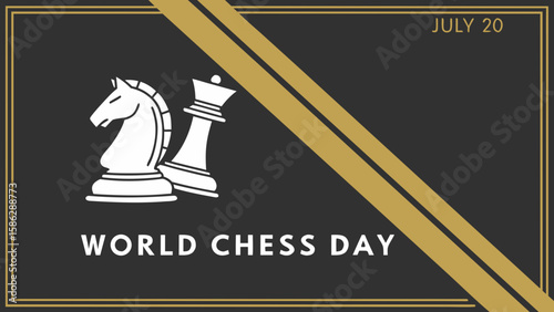 illustration with gold stripe and knight chess piece for world chess day, featuring bold modern layout with asymmetric balance.