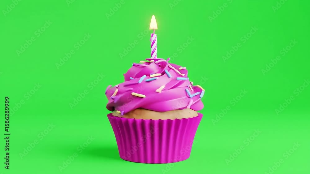 Festive Pink Cupcake with Candle on Green Screen Festive Pink Cupcake with Candle on Green Screen