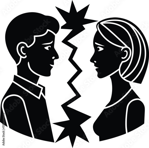 Silhouette of a loving couple, a man and a woman, with intertwined profiles and a heart symbol, rendered as a vector illustration, love heart, couple love, togetherness, romance icon