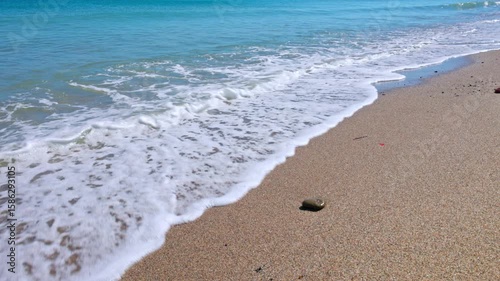 Small pebble on sandy beach touched by gentle turquoise waves of Aegean Sea under bright summer sun. Kos. Greece.