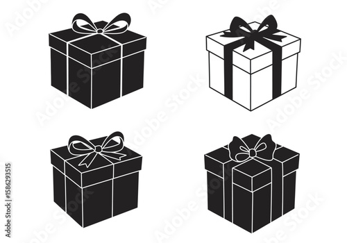 Collection of four stylized gift box icons with ribbons