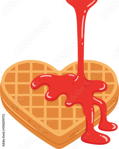 Heart shaped waffle with red syrup pouring over breakfast food illustration vector design 