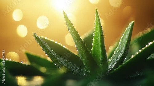 Closeup of an aloe vera plant with water droplets in golden light