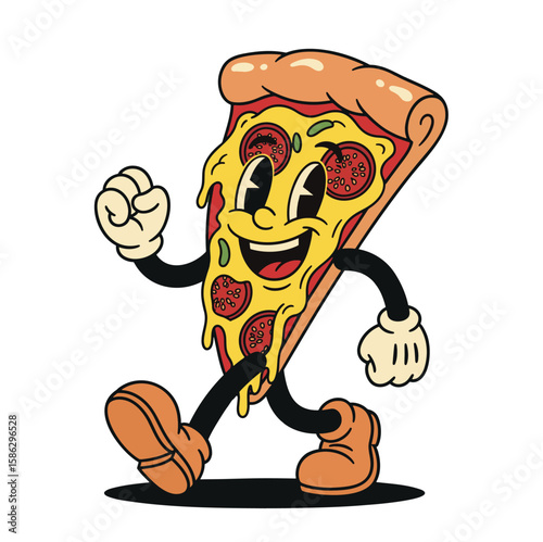 Happy Retro Cartoon Pizza Slice Striding with Joyful Deliciousness Vector Design Illustration Ai