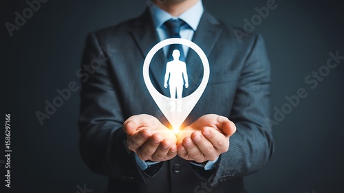 Businessman holding glowing location pin with person icon over dark background suit hands