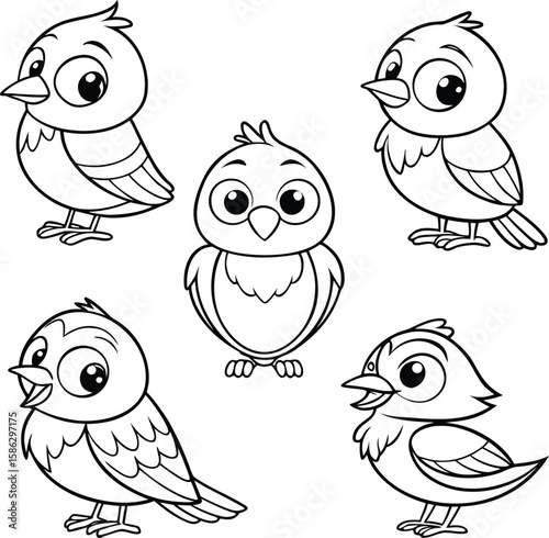 A charming collection of five cute cartoon baby birds in various poses and expressions perfect for coloring pages and children s illustrations isolated on transparent background