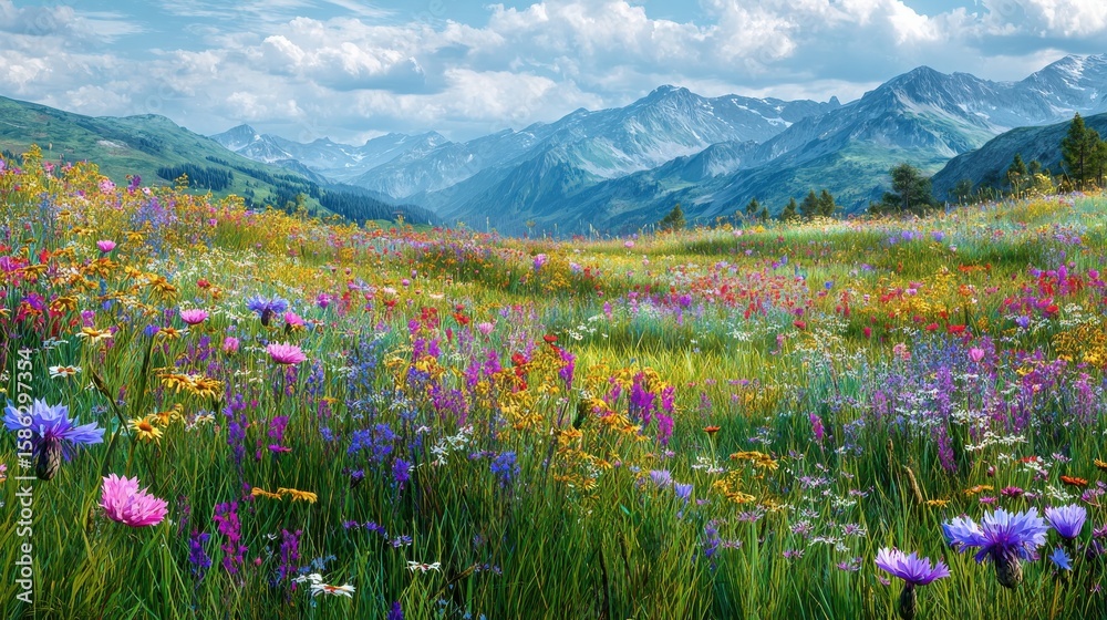 Fototapeta premium A vibrant meadow filled with colorful wildflowers and lush green grass, perfect for nature lovers and landscape enthusiasts.