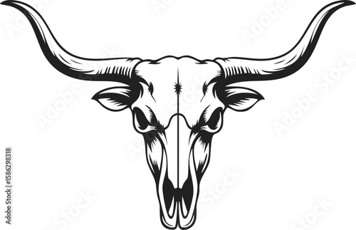 Bull skull engraving, longhorn cattle head, vintage vector illustration of a horned beast for logo, emblem, and tattoo design