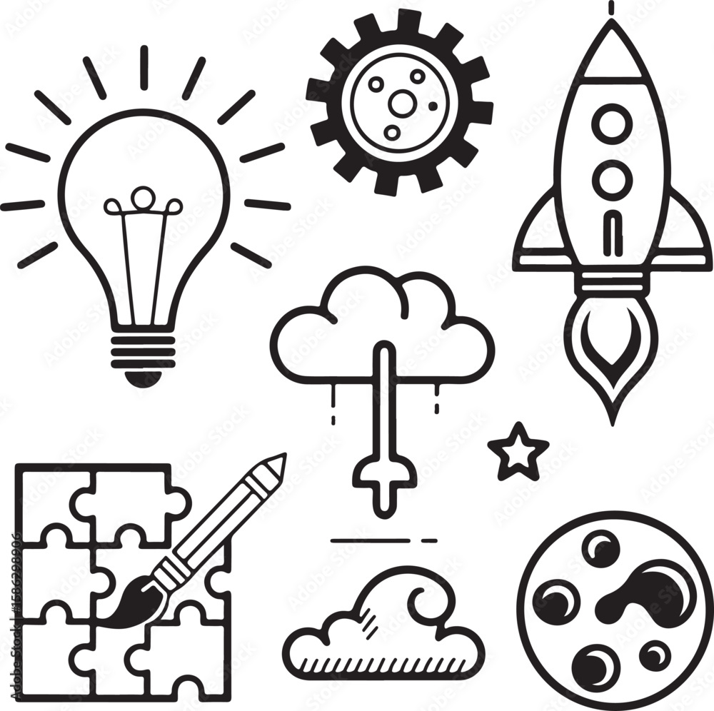 Fototapeta premium Creative Startup and Innovation Icons – Rocket, Puzzle, Light Bulb, Cloud Upload, Paint Palette Vector