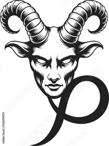 Capricorn zodiac sign, goat head illustration, vintage engraving style, horned figure, mythical symbolism in art
