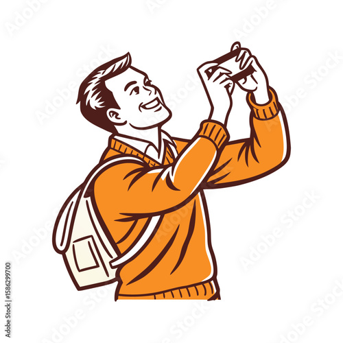 Minimal outline-style vector icon of a person holding a camera or smartphone, taking a photo while wearing an orange sweater and a backpack.