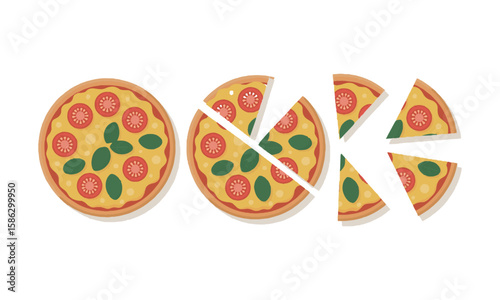 Modern vector illustration of a pizza with tomatoes and basil leaves, a tasty sliced pizza set, a piece of margherita with tomato, easily editable and scalable.