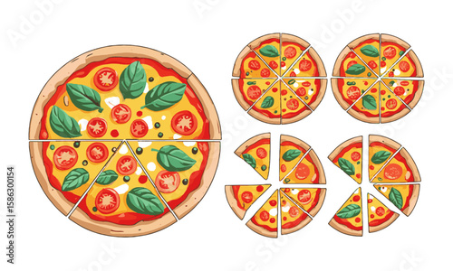 Modern vector illustration of a pizza with tomatoes and basil leaves, a tasty sliced pizza set, a piece of margherita with tomato, easily editable and scalable.