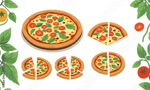 Modern vector illustration of a pizza with tomatoes and basil leaves, a tasty sliced pizza set, a piece of margherita with tomato, easily editable and scalable.