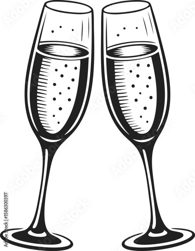 Champagne glasses, sparkling drink, celebration toast, vintage engraved illustration of clinking flutes