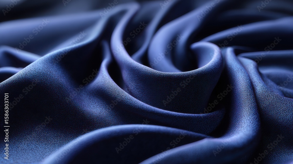 Fototapeta premium Draped navy blue fabric texture, studio shot, soft folds, background blur, textile design