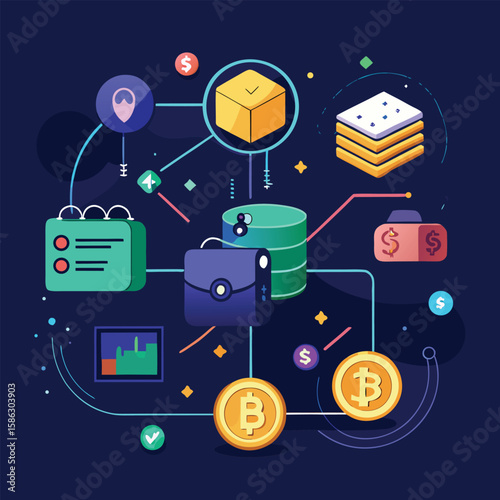 Colorful illustration depicting financial technology and bitcoin cryptocurrency with diverse related digital elements on navy background
