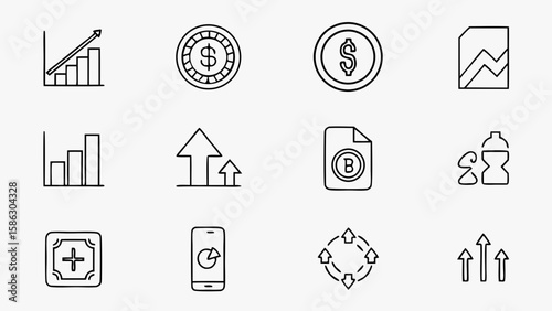 Investment and Stock Trading Line Icon Set – Rising Graph, Cryptocurrency Coin, Dollar Sign, Mobile Trading App, ETF, and Upward Trend Arrows