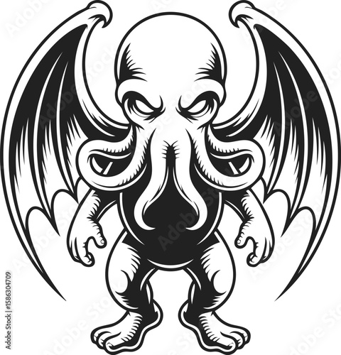 Cthulhu, ancient cosmic being, mythical creature with wings and tentacles, horror art, vintage engraving, dark fantasy illustration