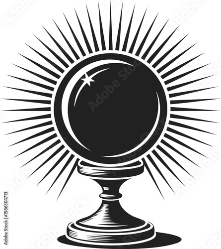Crystal ball, fortune teller orb, mystical sphere, vintage engraving with radiant sunburst, divination tool, classic symbolism, occult illustration