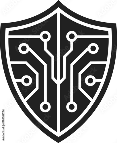 Cyber shield design featuring circuit patterns, digital security emblem, tech protection symbol, modern engraved style illustration perfect for t-shirt prints and logos
