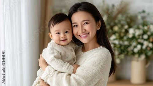 Mother and baby embrace in a warmly lit room, wearing matching knit hats, surrounded by flowers, radiating happiness and love.