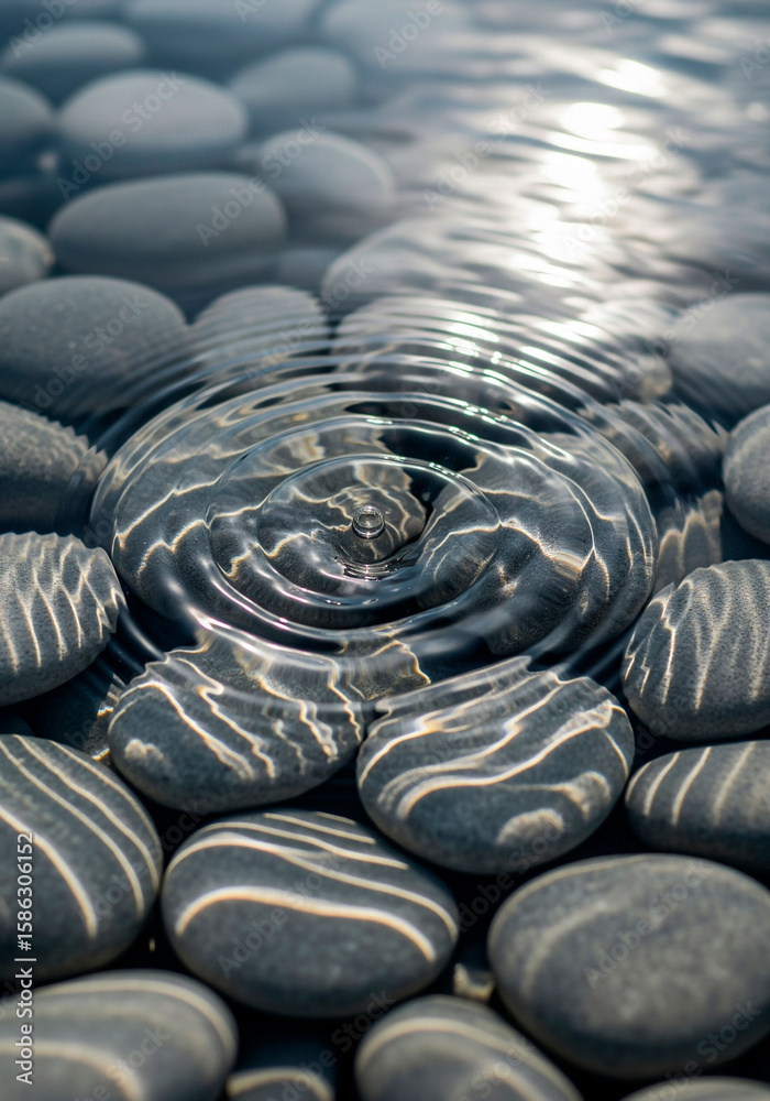 Fototapeta premium Zen black pebbles with water ripples for meditation, spa, wellness or nature-inspired background and design concepts