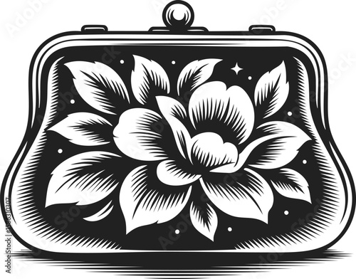 Elegant floral clutch design, vintage engraved purse illustration featuring blooming flowers and intricate details