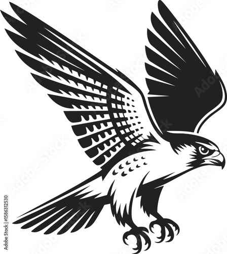 Falcon, predatory bird, raptor illustration showcasing dynamic flight, intricate wing details, natural grace, symbol of freedom, ideal for logo, tattoo design, poster