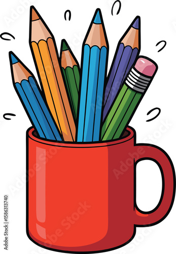 A vibrant red mug filled with colorful pencils perfect for education and creativity